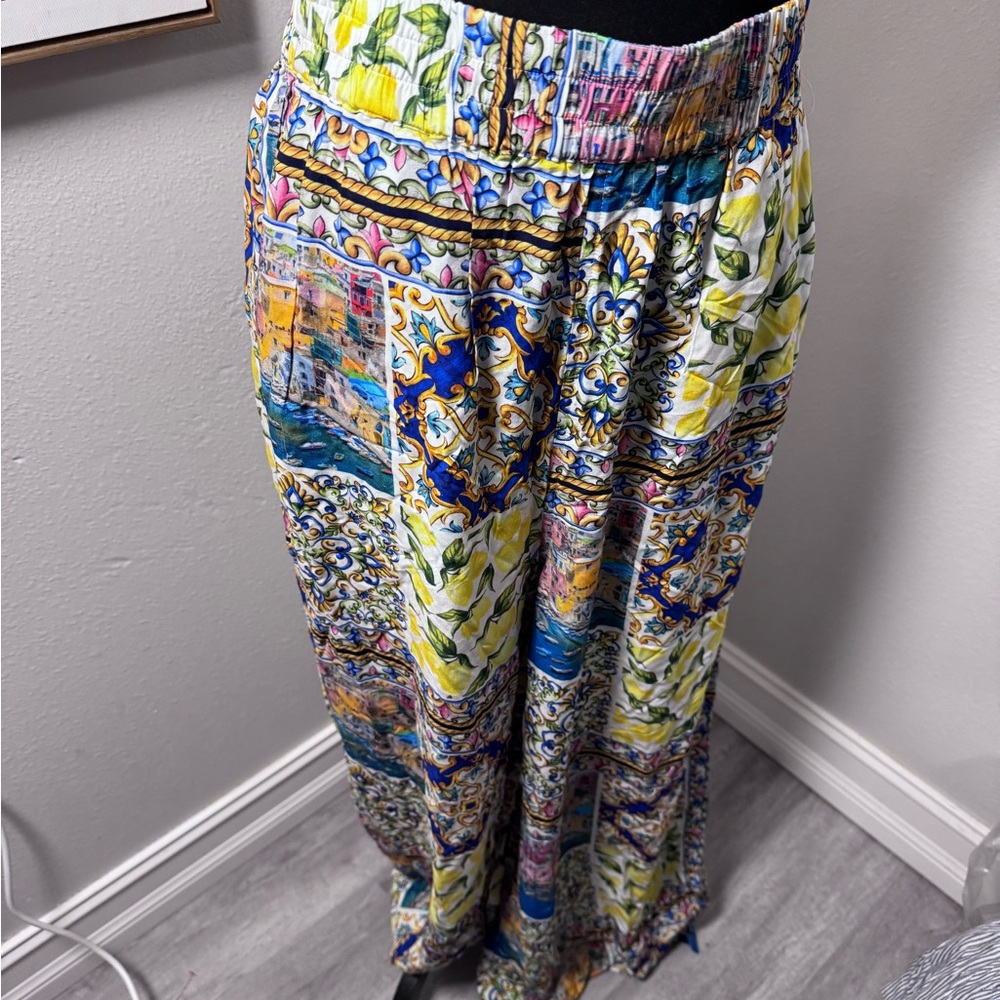 Terez Colorful Mediterranean Print wide leg pants